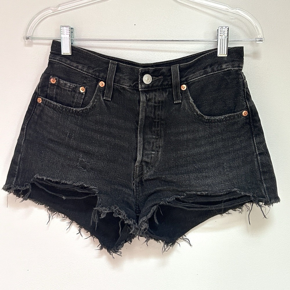 Levi's Premium 501 Shorts Womens 25 Black Distressed Cutoff Button Fly Denim